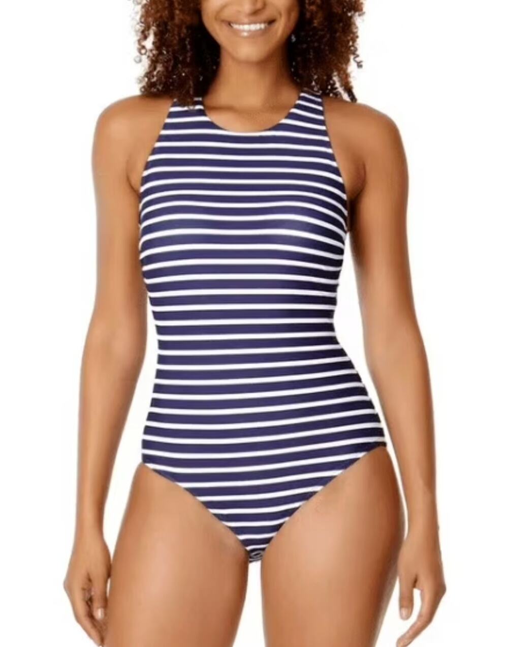 Lands’ End Navy Blue White Stripe One Piece Swimsuit Women’s Large Nautical